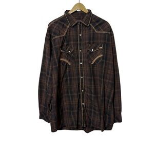 Pintlar Men’s 2XLT Brown Plaid Snap Button Down Shirt Long Sleeve Western Cowboy